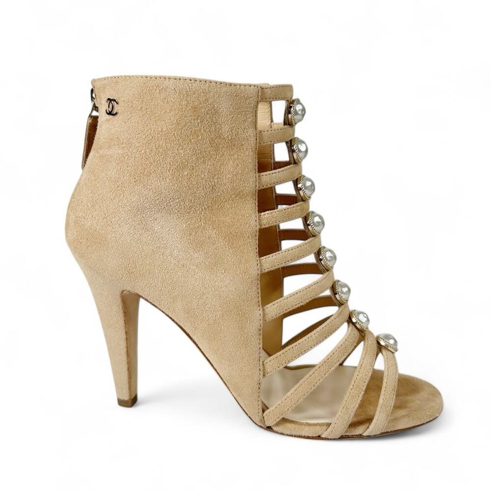 CHANEL Pearl Caged Open Toe Heeled Suede Ankle Boot Sandals